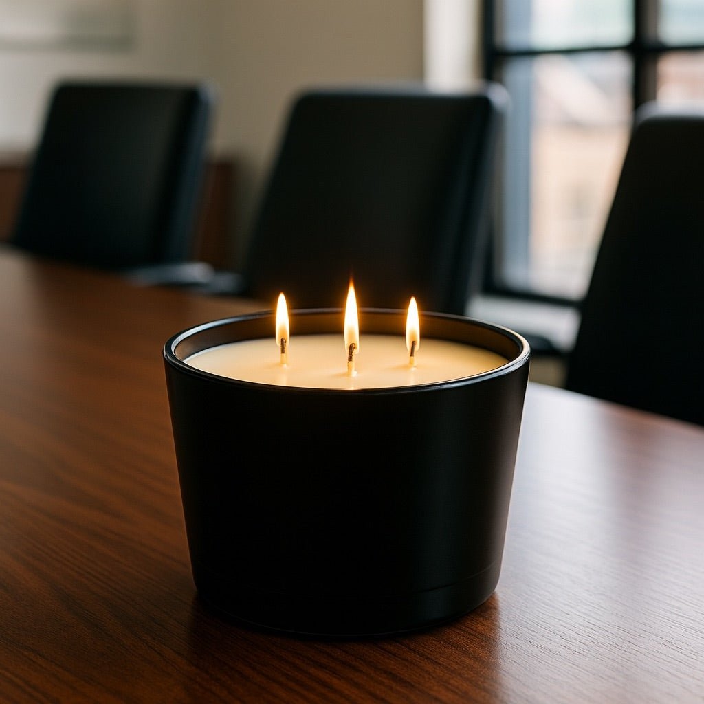 BOARDROOM candle in a dark setting, luxury black vessel with warm flame, Scott Dillard premium sandalwood and smoke scent