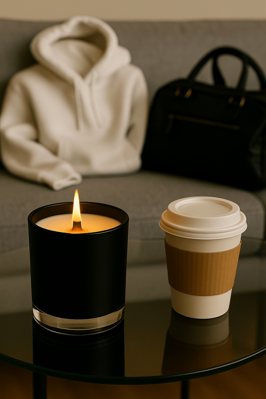 Hoodie Weather— a candle with amber, smoked vanilla, and cashmere musk — a warm, cozy scent inspired by crisp autumn comfort.