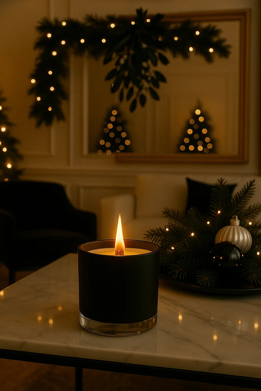 Noël de Luxe in black — a crisp, elegant evergreen holiday candle.