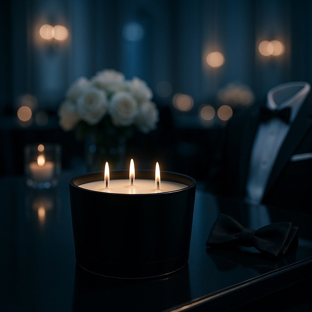 Tuxedo— a bold, elegant candle blending amber, desert woods, and suede musk for a signature scent of modern sophistication.